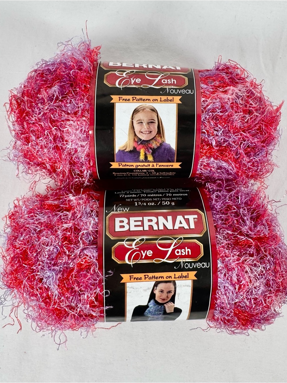 Bernat Eye Lash Yarn, Lot of 2 Skeins, Funky (Pink, Red) 100% Nylon